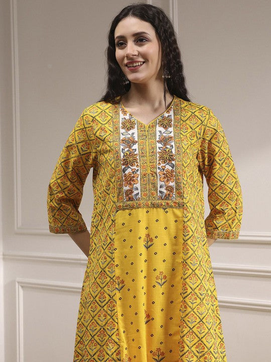 Biba Floral Printed V-Neck Pure Cotton A-Line Kurta With Palazzos & Dupatta