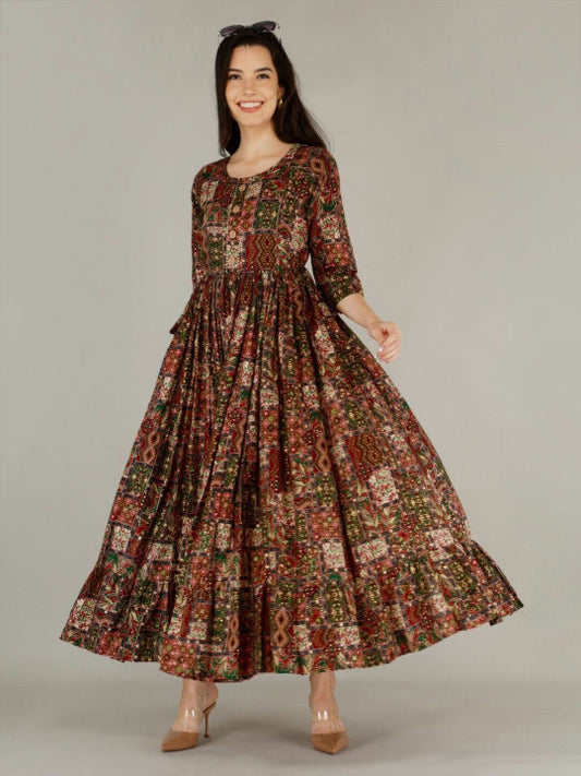 SupBir Foil Printed Maternity Maxi Ethnic Dress