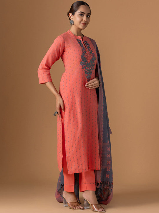 WOMEN PLUS Women Jamdani Pure Cotton Suit Set