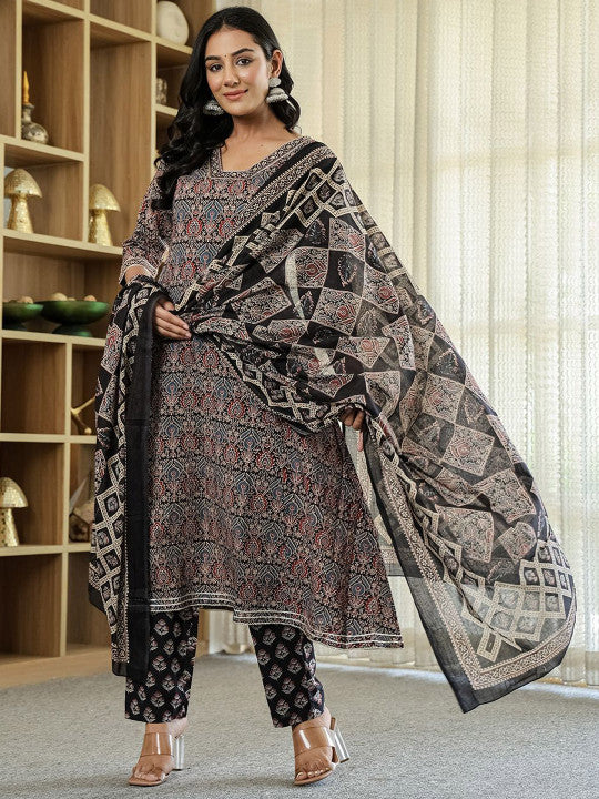 Yufta Women Ethnic Motifs Printed Regular Sequinned Pure Cotton Kurta with Trousers & With Dupatta