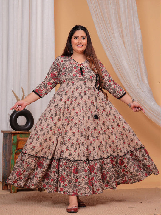 Floral Printed V-Neck Cotton Maxi Fit and Flare Ethnic Dresses