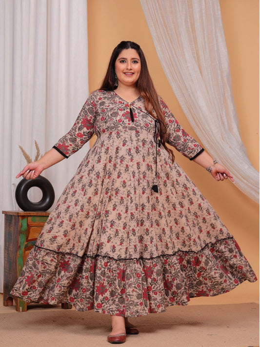 Floral Printed V-Neck Cotton Maxi Fit and Flare Ethnic Dresses