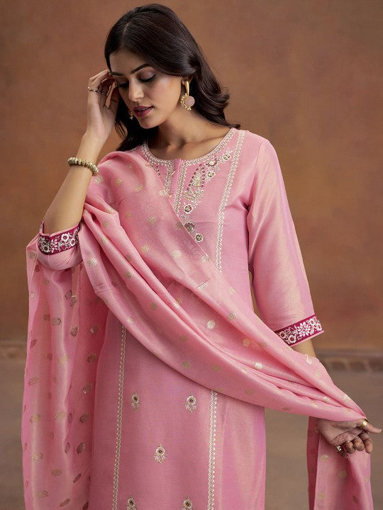 Jaipur Kurti Floral Embroidered Thread Work Straight Kurta With Trousers & Dupatta