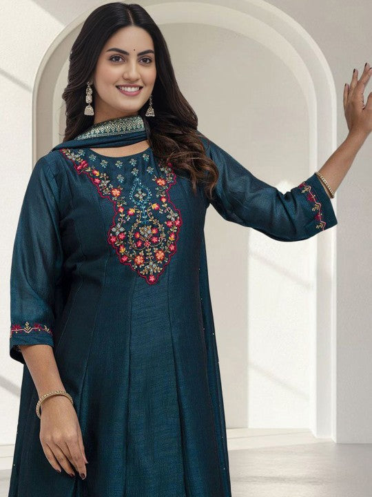 Floral Yoke Design Panelled Sequinned A-Line Kurta