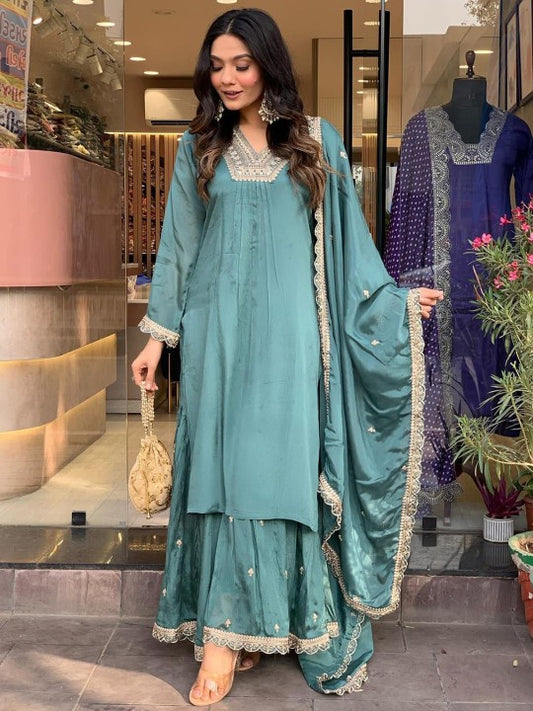 DEVATITHI Ethnic Motifs Embroidered Sequinned Pure Cotton Kurta with Palazzo & Dupatta