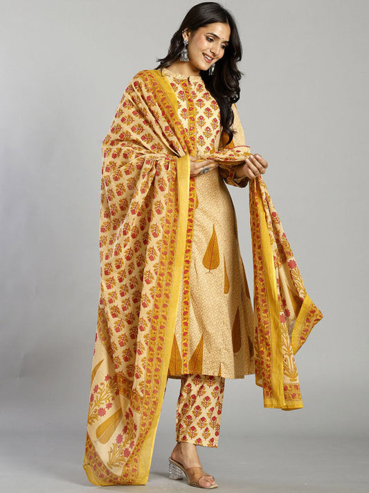 Yufta Women Ethnic Motifs Printed Regular Pure Cotton Kurta with Trousers & Dupatta