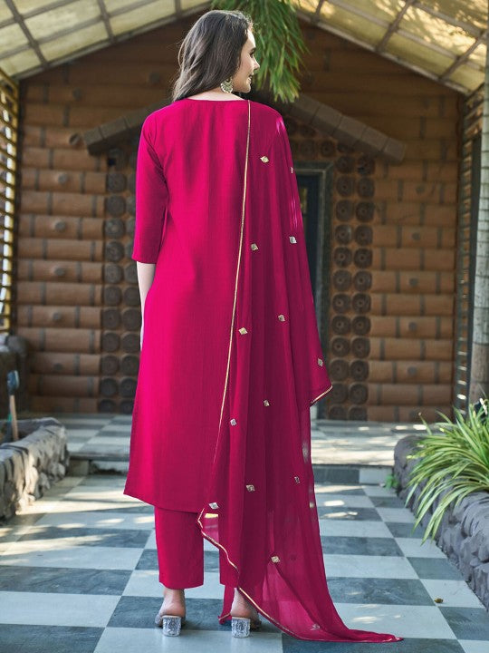 DIVASTRI Women Ethnic Motifs Embroidered Sweetheart Neck Kurta with Trousers & Dupatta