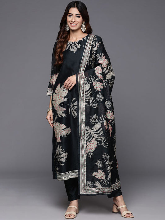 Varanga Floral Embroidered Chanderi Silk Straight Kurta & Trousers With Dupatta