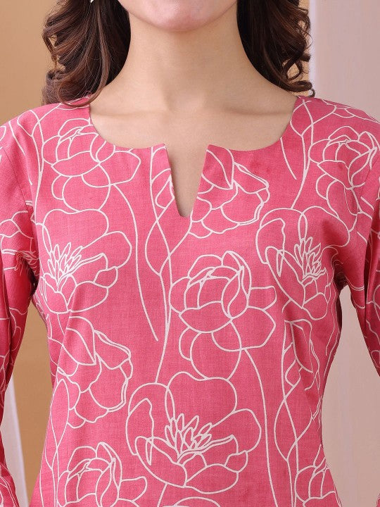 Fourleaf Floral Printed Pure Cambric Cotton Top With Trousers Co-Ords
