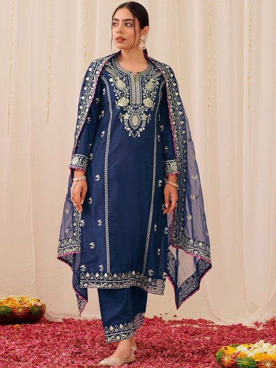 House of Pataudi Floral Embroidered Notch Neck Straight Kurta