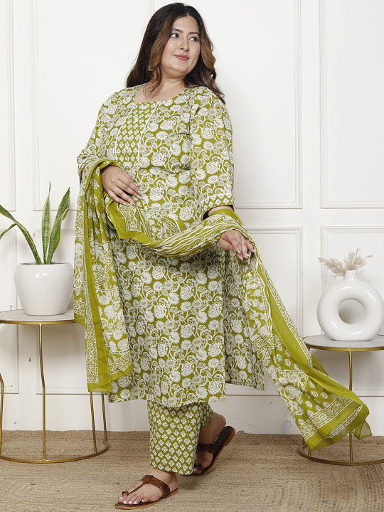 Swasti Women Floral Printed Regular Sequinned Pure Cotton Kurta with Trousers & With Dupatta