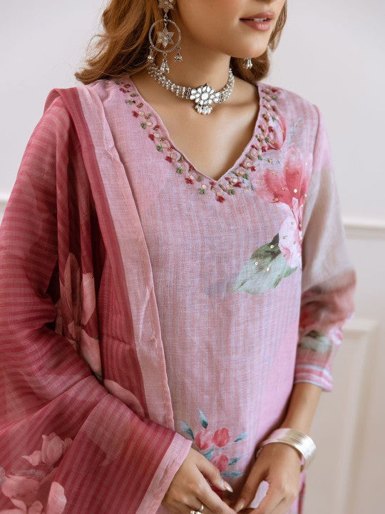 FILO HEVIS Floral Printed V-Neck Pure Cotton Straight Kurta With Palazzos & Dupatta