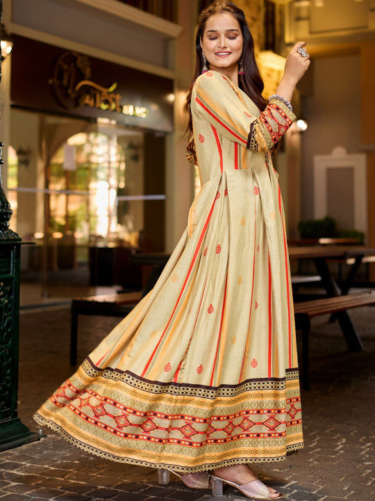HERE&NOW Floral Rayon Line Embroidery Work Anarkali Gown