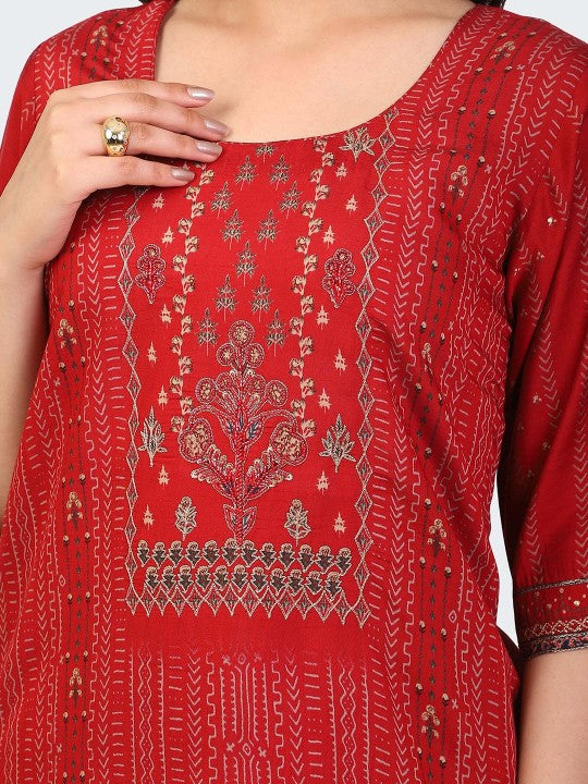 HUE & HIDE Floral Embroidered Round Neck Zari Straight Kurta With Trousers & Dupatta
