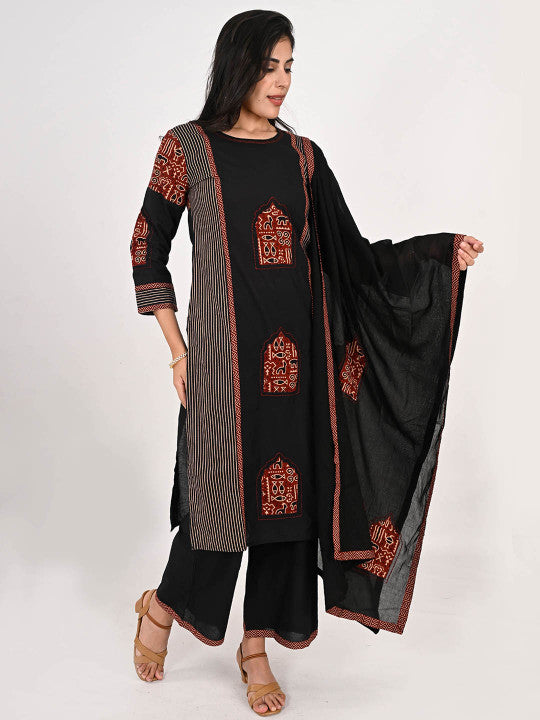 INDULI Geometric Printed Round Neck Pure Cotton Straight Kurta With Trousers & Dupatta