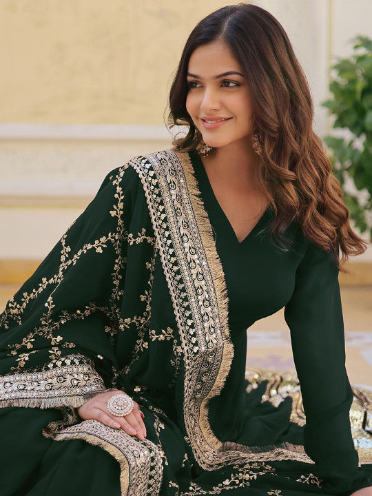 Fusionic Women Green Georgette Sequin Embroidered Gown