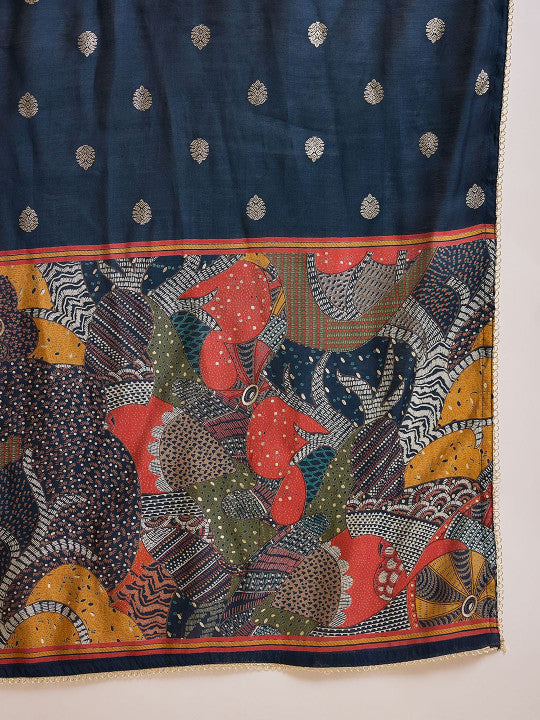 CHETI Floral Printed V-Neck Thread Work Raw Silk Kurta With Trousers & Dupatta