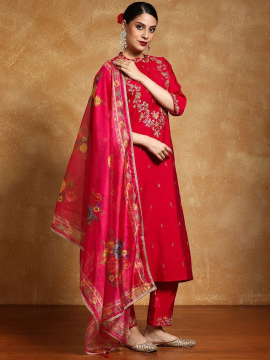 House of Pataudi Floral Embroidered Mandarin Collar Kurta