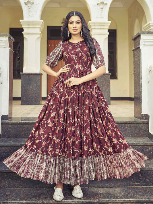 CHANSI Floral Printed Pleated Flared Maxi Dress