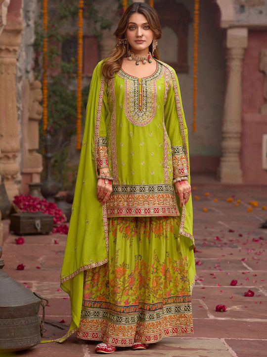 Indo Era Floral Embroidered Sequinned Chinon Straight Kurta With Sharara & Dupatta