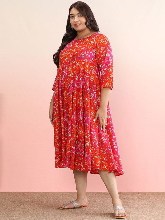 anayna Plus Size Ethnic Motifs Printed Pure Cotton A-Line Ethnic Dress