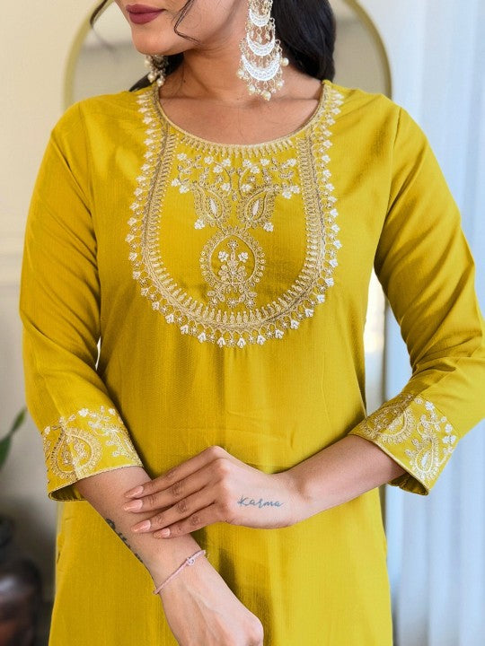 Floral Yoke Design Thread Work Kurta With Trousers & Dupatta