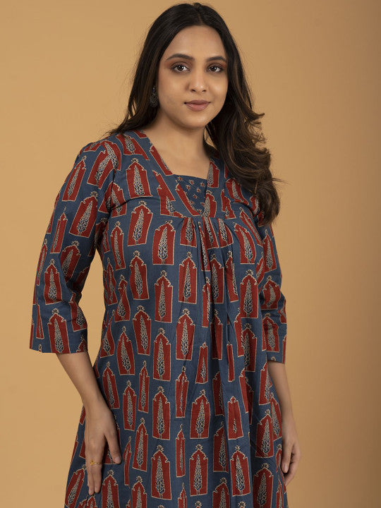 SPARSA Ethnic Motifs Printed Pleated Pure Cotton A-Line Kurta With Trousers & Dupatta