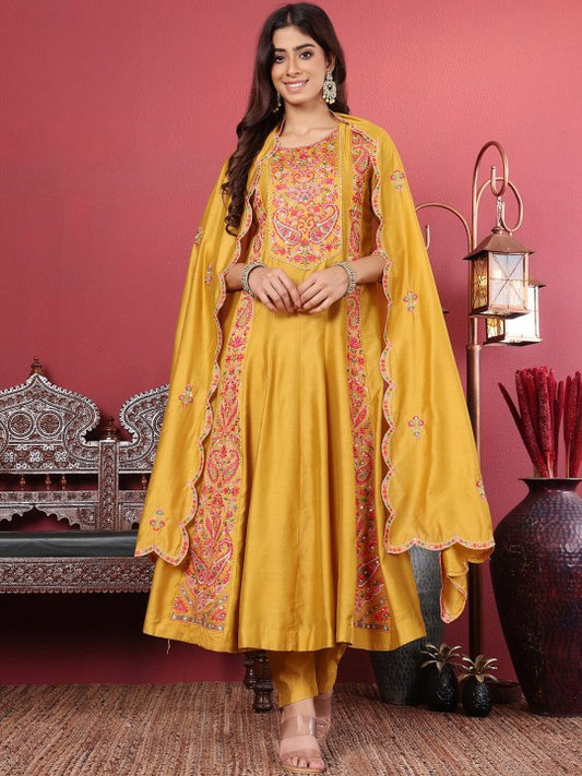Varanga Floral Embroidered Pure Cotton Anarkali Kurta With Trouser & Dupatta