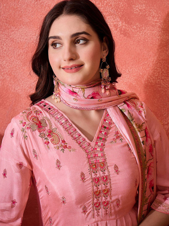CHHAAP Women Floral Embroidered Anarkali Kurta with Trousers & Dupatta