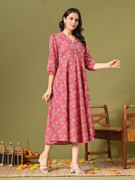 DECKEDUP Floral Print A-Line Midi Dress