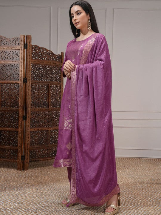 Vishudh Women Ethnic Motifs Woven Design Regular Kurta With Trousers Dupatta