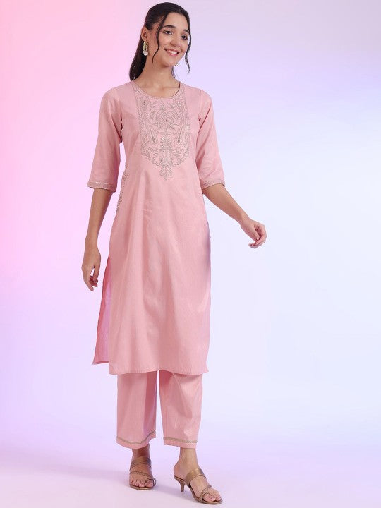 AURELIA Zari Embroidered Round Neck Straight Kurta