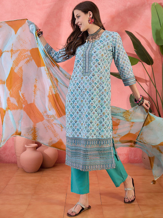 Floral Printed Round Neck Straight Kurta With Trouser And Dupatta
