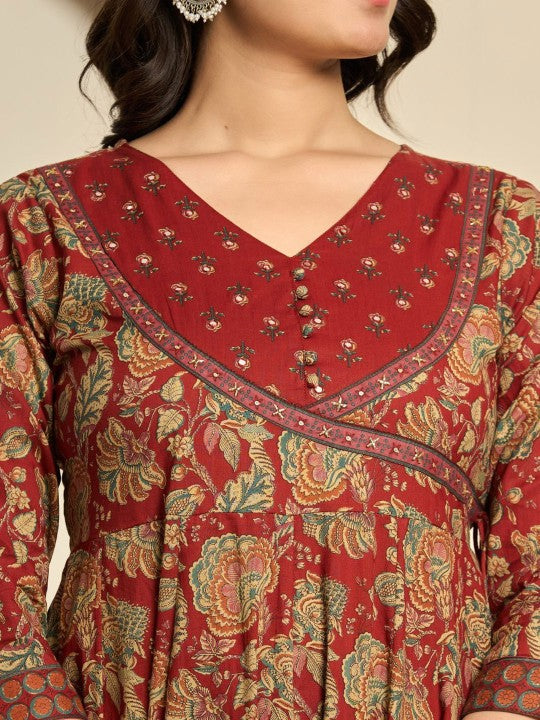 Do Dhaage Floral Printed V-Neck Angrakha Pure Cotton Anarkali Kurta With Trouser & Dupatta