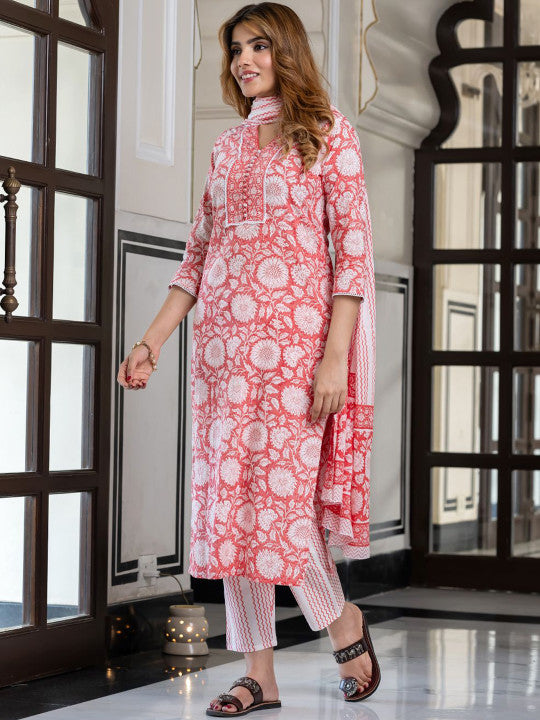 Jaitpuriya Floral Printed V Neck Pure Cotton Straight Kurta & Trousers With Dupatta