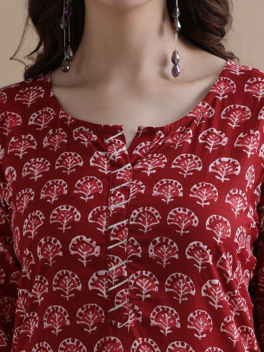 Jaipur Kurti Floral Printed Gotta Patti Pure Cotton Straight Kurta With Trouser & Dupatta