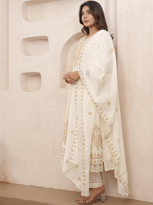 House of Pataudi Floral Embroidered Pure Cotton Kurta & Trousers With Dupatta