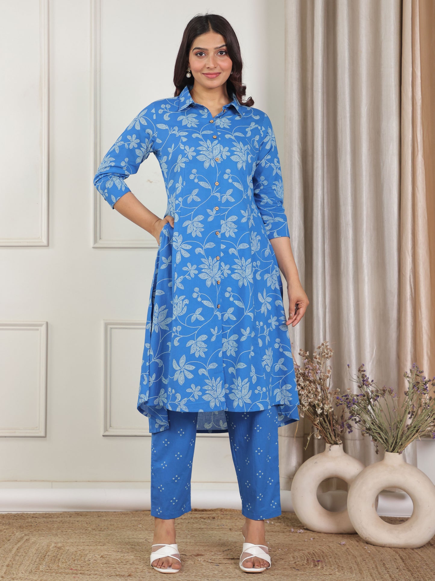 Soft Cotton Bandhani High Low Blue Kurta
