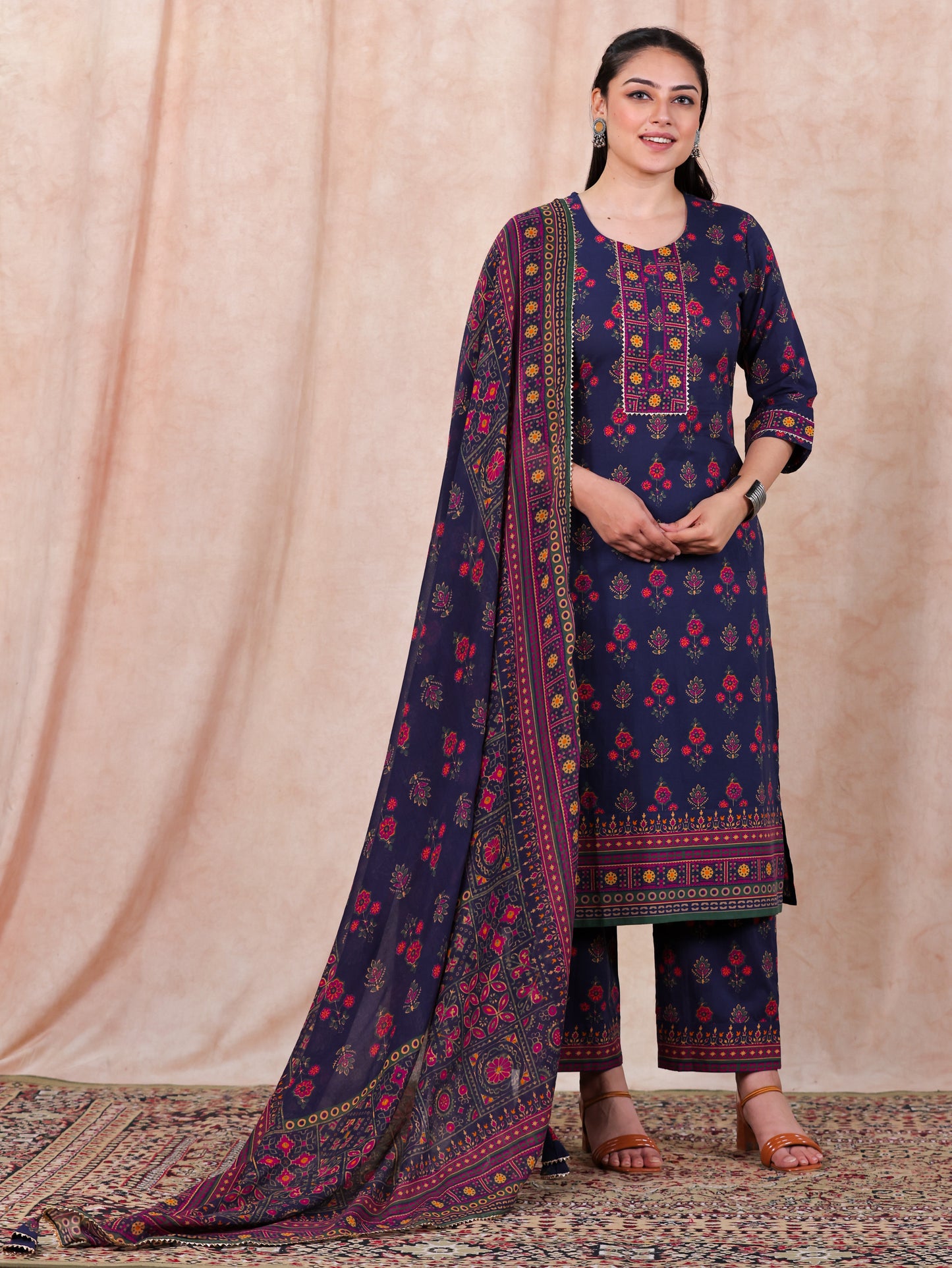 Soft Cotton Floral Straight Blue Kurta