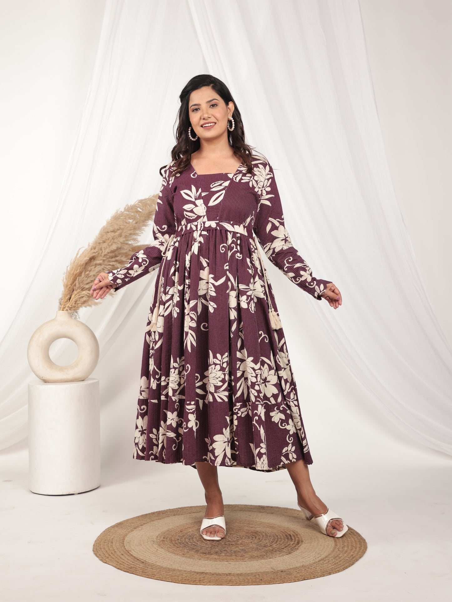 Embroidered Kantha Cotton Floral Anarkali Purple Fashion