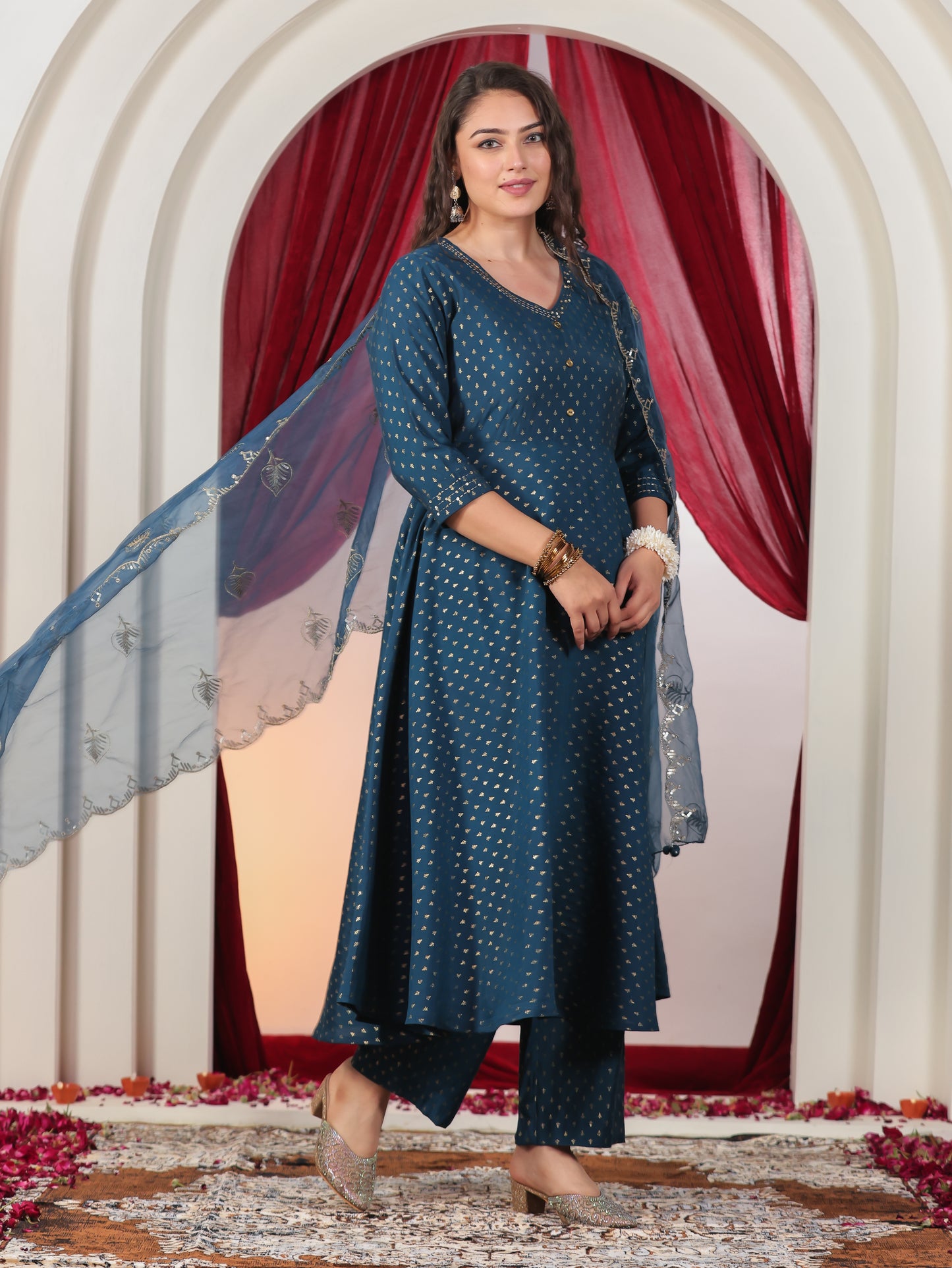 Embroidered Poly Chanderi Gold foil Anarkali Blue Kurta