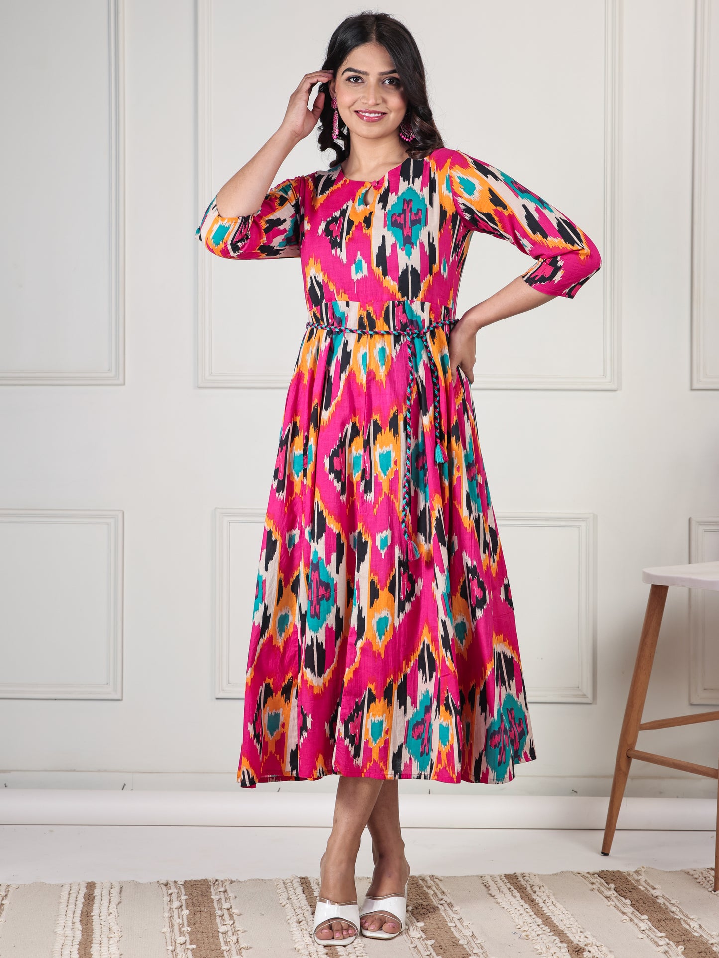 Soft Cotton Ikat Flared Multicolor Dress