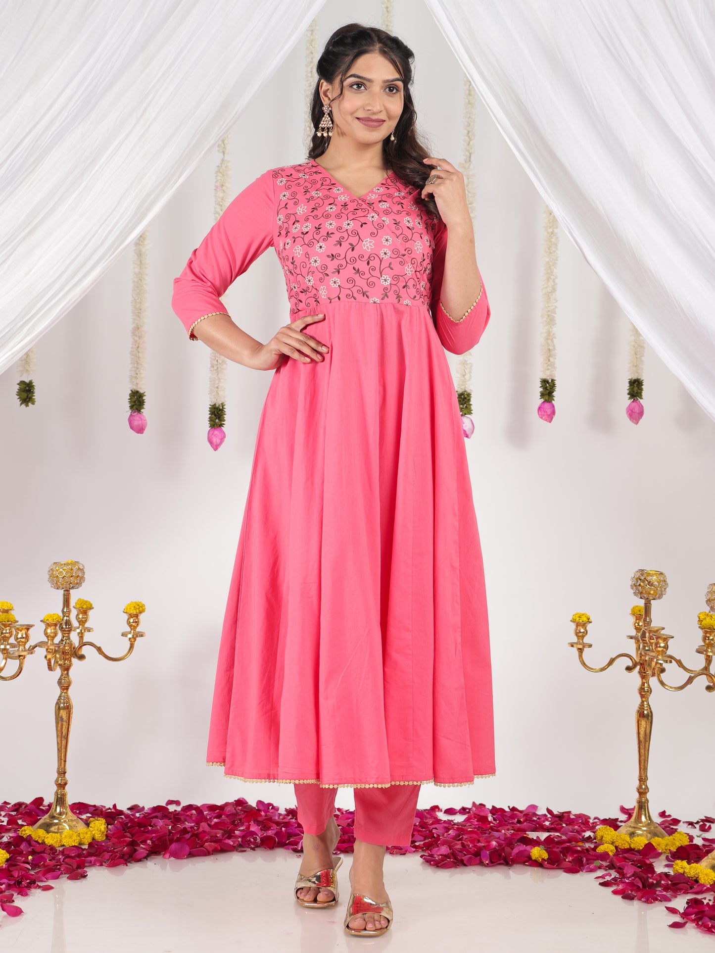 Embroidered Soft Cotton Solid Angrakha Pink Kurta