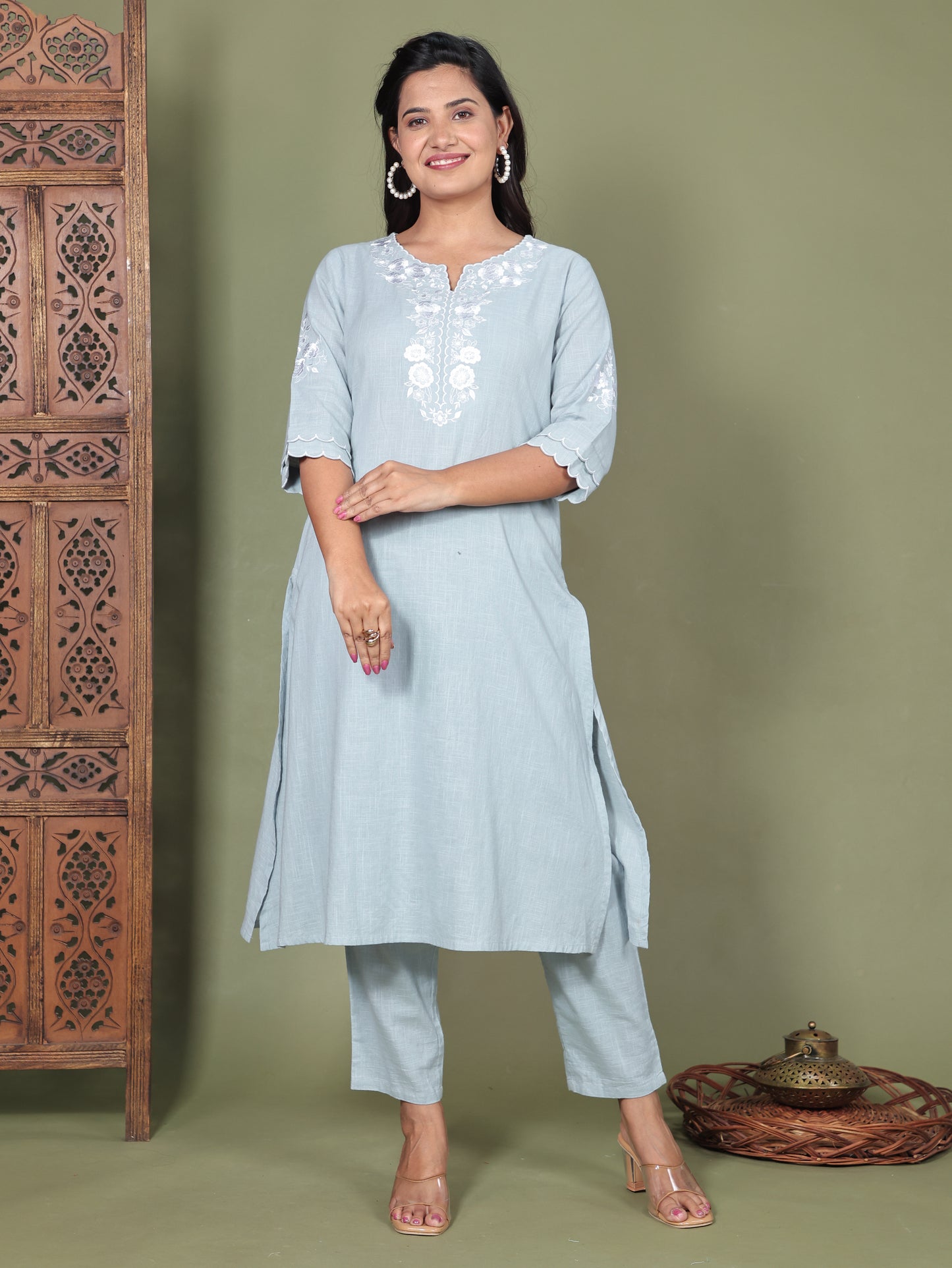 Natural Cotton Solid A-line Grey Kurta
