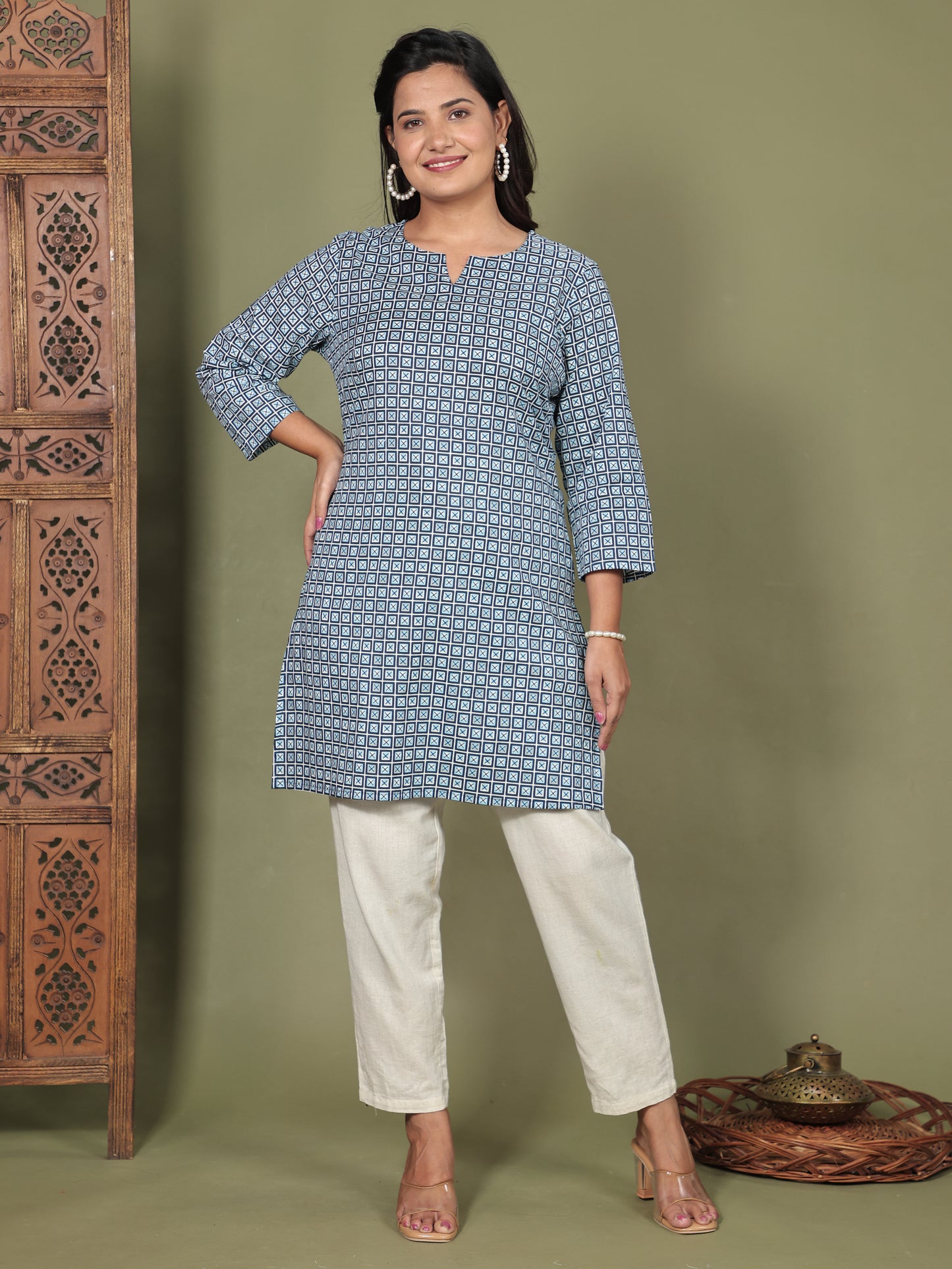 Soft Cotton Geometric Straight Blue Kurti