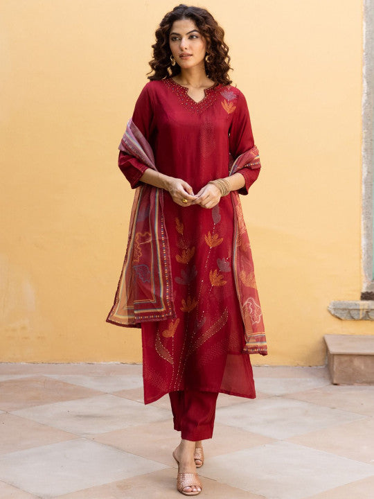 AUTUMN LANE Floral Printed Beads and Stones Straight Kurta with Trousers & Dupatta