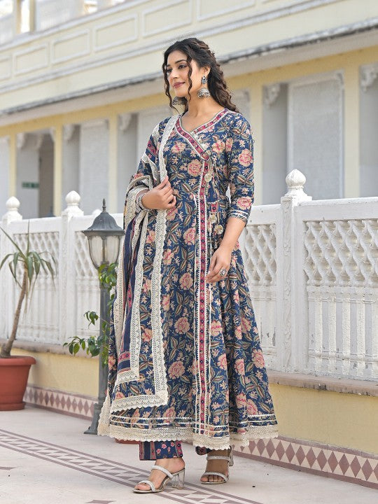all about you Floral Printed Angrakha Pure Cotton Anarkali Kurta with Trousers & Dupatta