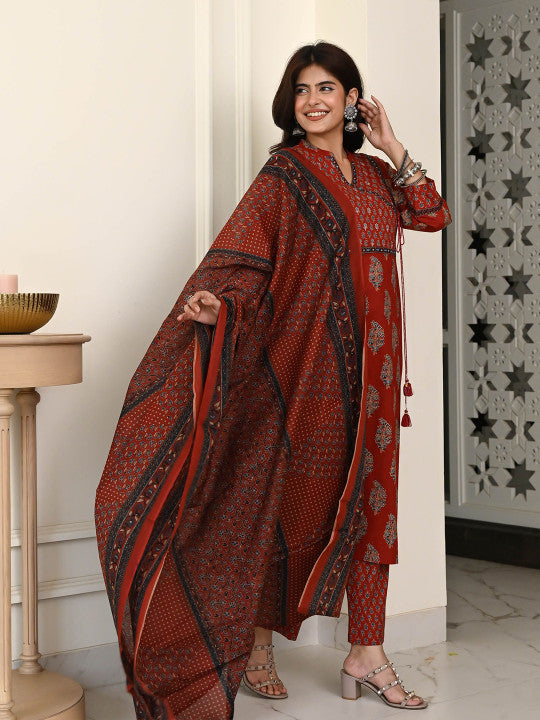 Bunaai Women Ethnic Motifs Printed Angrakha Sequinned Kurta with Trousers & Dupatta