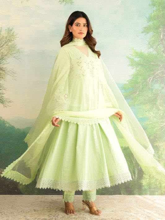 COTTONS DAILY Embroidered Zari Work Pure Cotton Anarkali Kurta With Trousers & Dupatta
