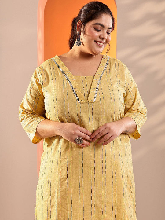 EXTRA LOVE BY LIBAS Women Plus Size Striped Woven Design Kurta with Palazzos & Dupatta